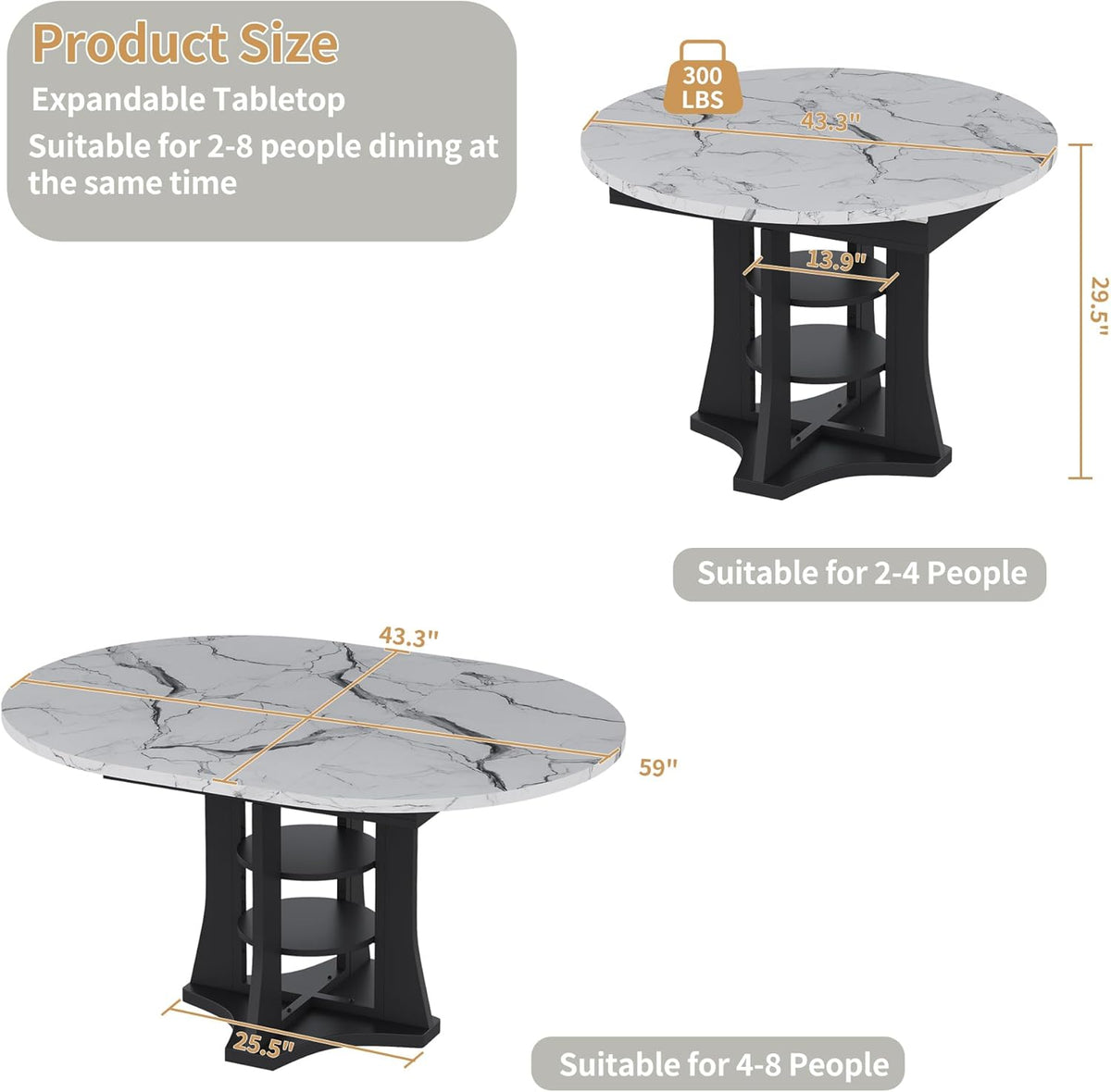 Extendable Dining Table 43"-59" for 4-6, White Faux Marble Round Kitchen Dining Room Table with 2 Tier Storage Shelves, Expandable Round to Oval Dinner Table with Storage for Kitchen Living Room