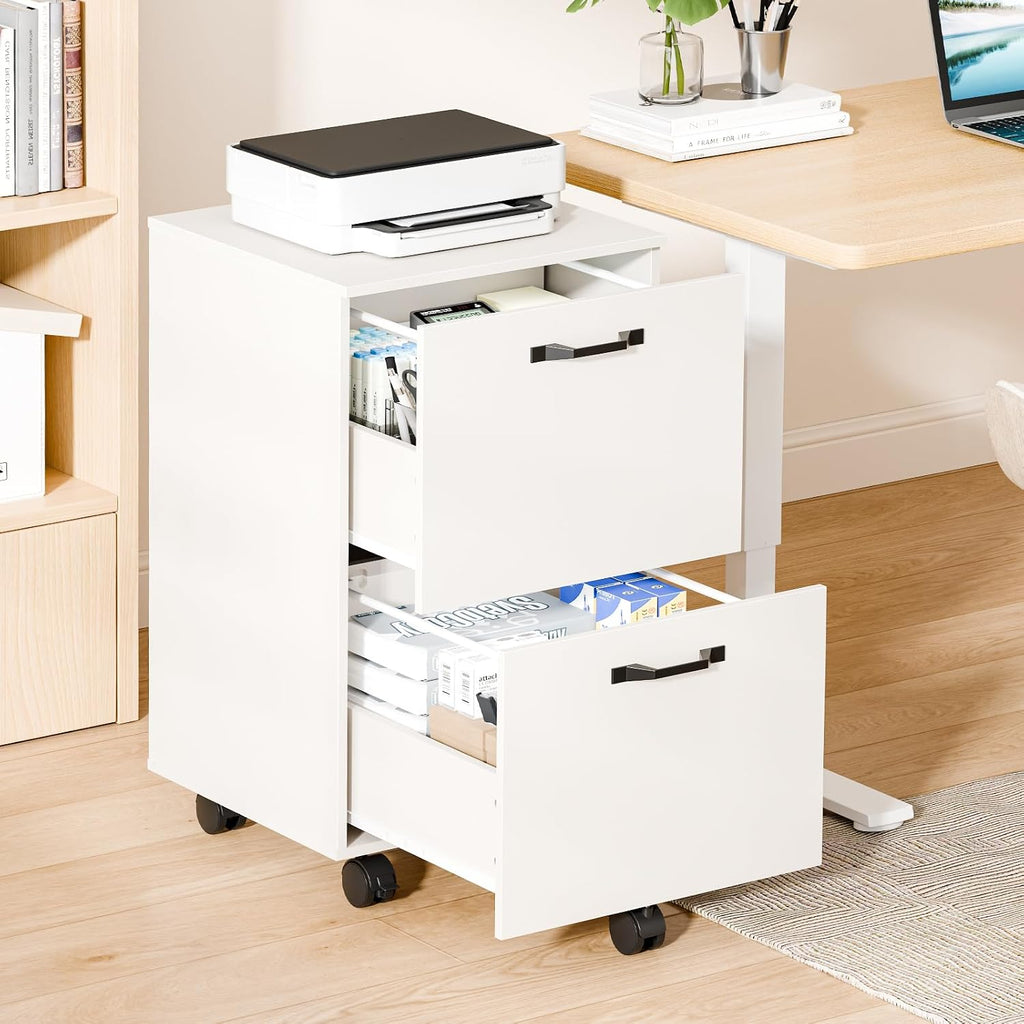 DUMOS 2 Drawer Storage Cabinet, Rolling Under Desk Storage, White | Not for Hanging Files, Printer Stand, Lockable Wheels, Mobile Wood Home Office Organizer