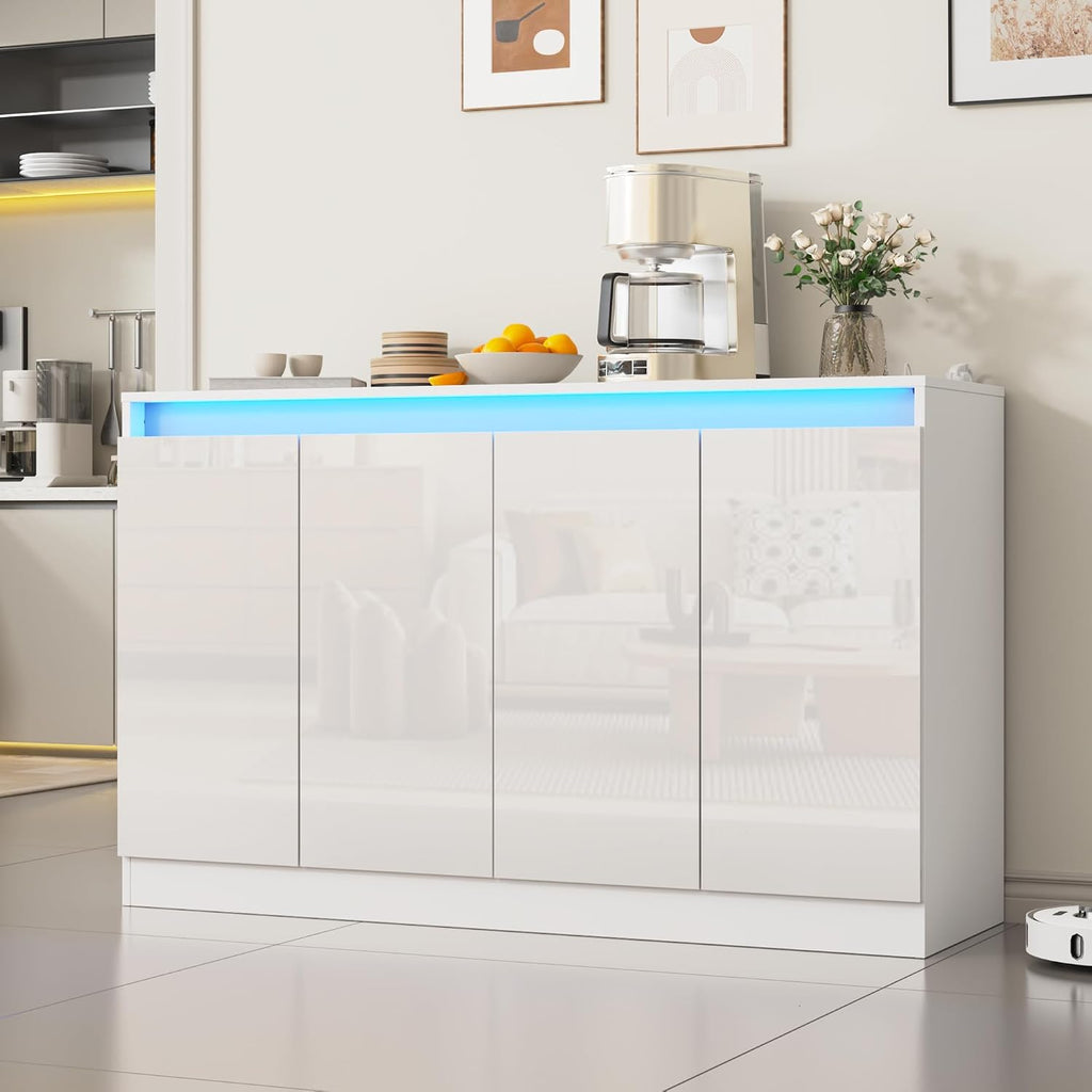 Furnify 51" W Buffet Cabinet with 4 Doors, High Gloss Dorr Sideboard Coffee Bar with LED Lights & Charging Station, Handless Modern Sideboard Storage Cabinet for Living Room, Entryway, White