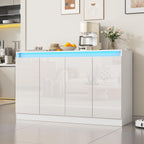 Furnify 51" W Buffet Cabinet with 4 Doors, High Gloss Dorr Sideboard Coffee Bar with LED Lights & Charging Station, Handless Modern Sideboard Storage Cabinet for Living Room, Entryway, White