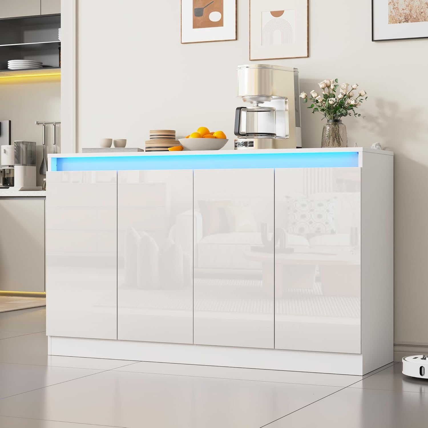 Furnify 51" W Buffet Cabinet with 4 Doors, High Gloss Dorr Sideboard Coffee Bar with LED Lights & Charging Station, Handless Modern Sideboard Storage Cabinet for Living Room, Entryway, White