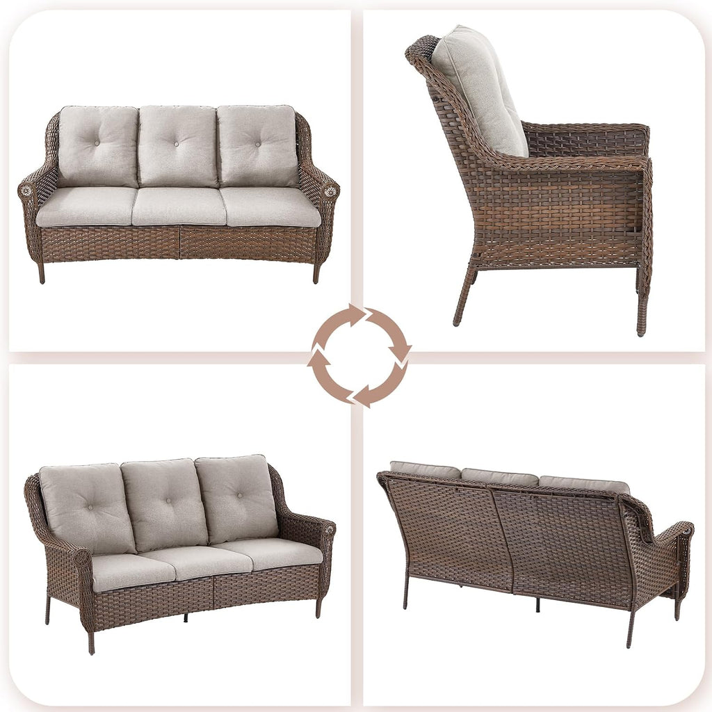 Patio Couch Outdoor Wicker Sofa - Heavy Duty All-Weather Brown Rattan 3-Seater with High Back and Comfortable Thick Cushions for Garden Back Porch Poolside Apartment - Beige