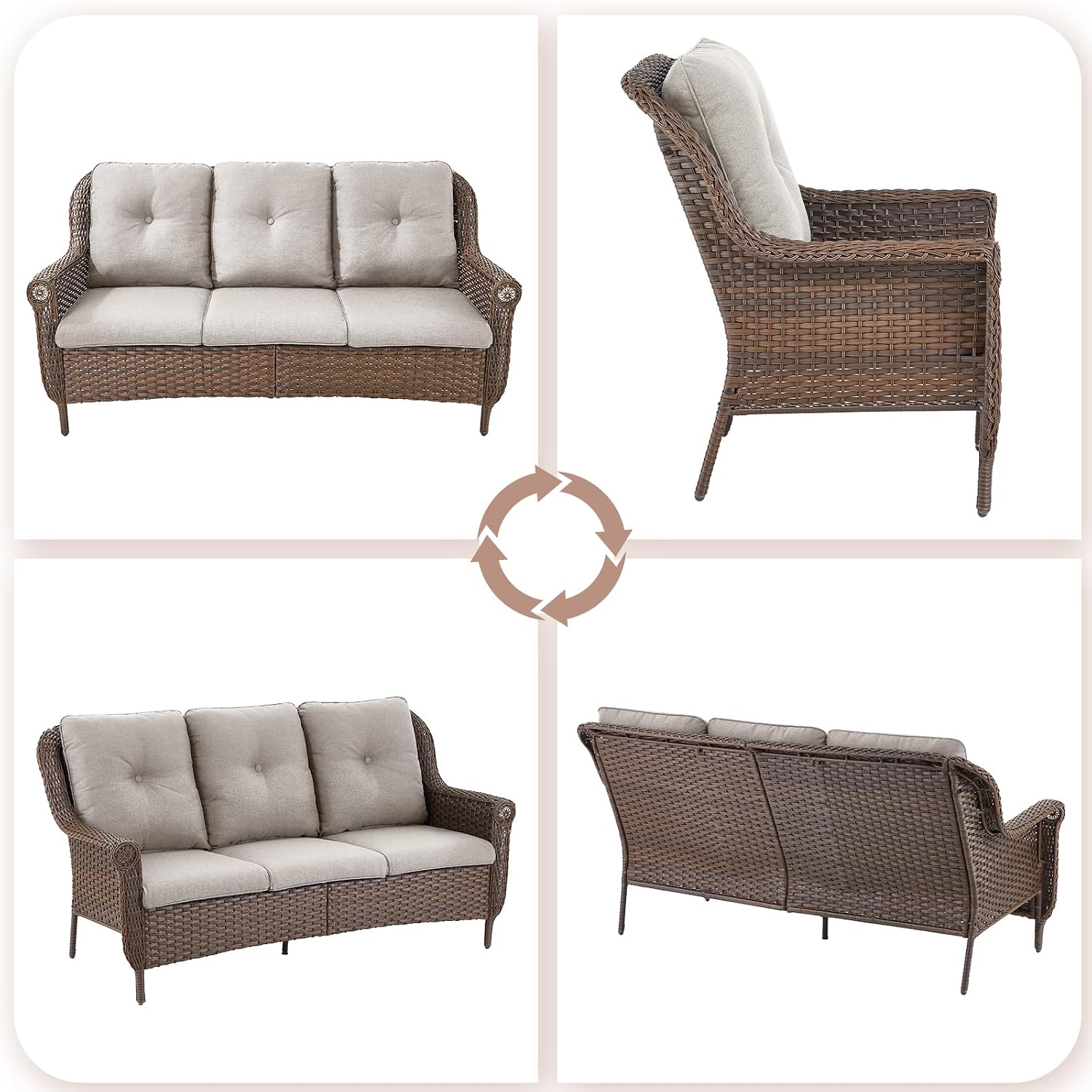 Patio Couch Outdoor Wicker Sofa - Heavy Duty All-Weather Brown Rattan 3-Seater with High Back and Comfortable Thick Cushions for Garden Back Porch Poolside Apartment - Beige