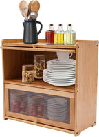 2 Tier Bamboo Countertop Pantry, Kitchen Countertop Flatware Storage Cabinet with 2 Sliding Striped Clear Door Stoppers, Fully Sealed Cutlery Organizer for Condiments, Plates, Bowls