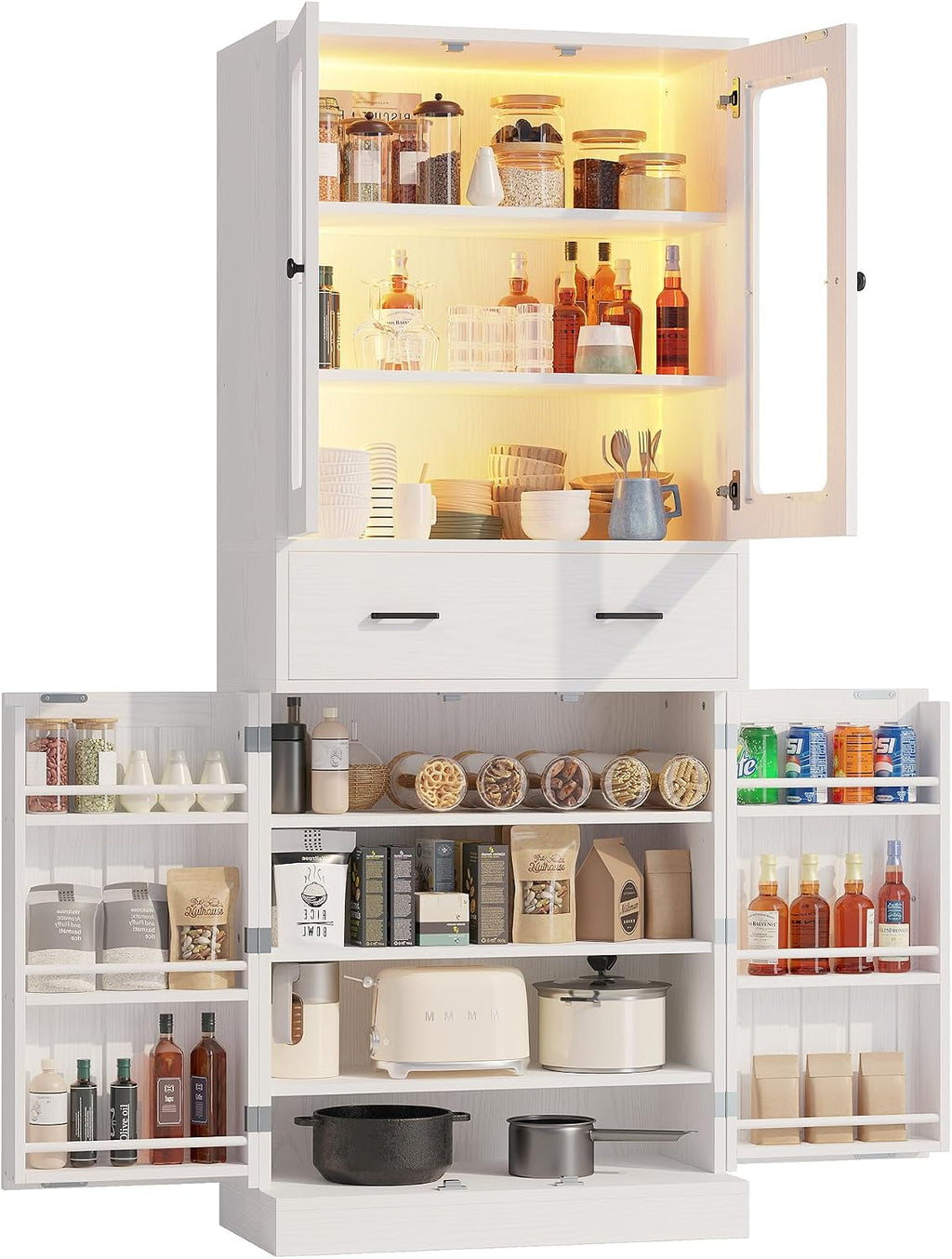 IRONCK 74.8" Tall Kitchen Pantry, Storage Cabinet with LED Lights, Kitchen Cabinet with Acrylic Glass Door, Drawer and Adjustable Shelves, for Dining Room, White