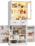 IRONCK 74.8" Tall Kitchen Pantry, Storage Cabinet with LED Lights, Kitchen Cabinet with Acrylic Glass Door, Drawer and Adjustable Shelves, for Dining Room, White