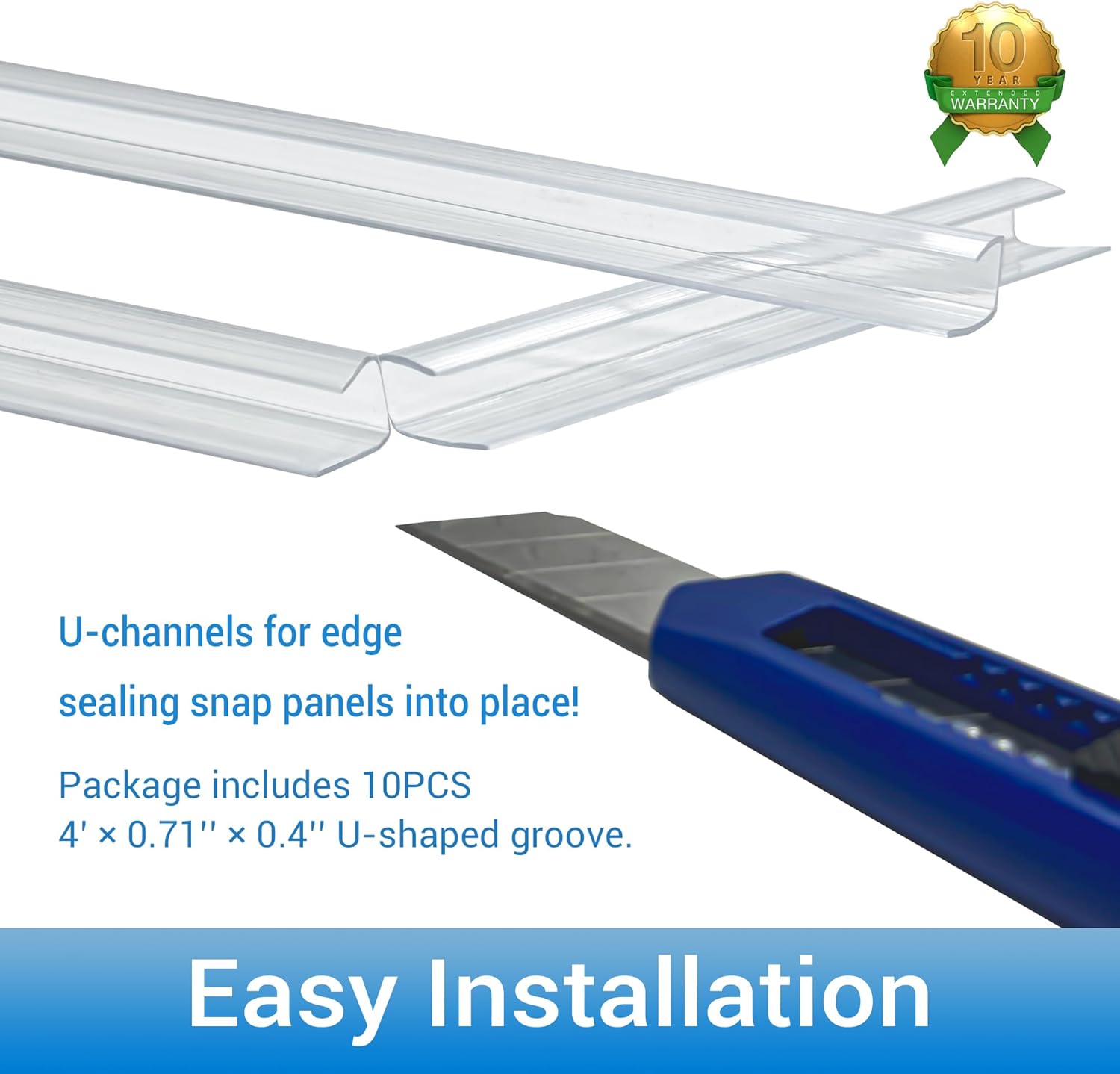 10 PCS Polycarbonate Greenhouse U Connector Profile 4ft Length Fits 0.32’’ & 0.4’’ Twin-Wall Polycarbonate Panels Duty Dust Rain & Moisture Protection Durabler (U-Clip 4' × 0.71’’ × 0.4’’)