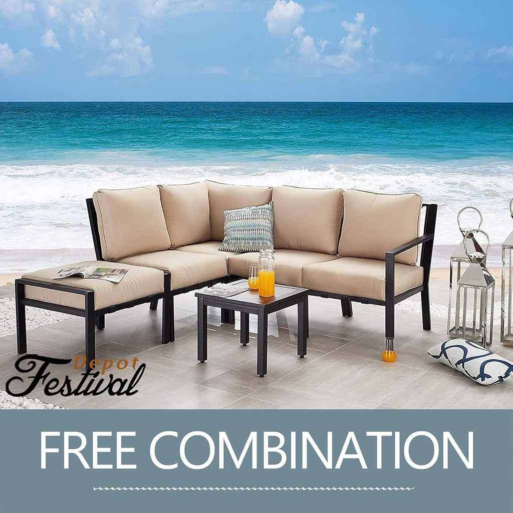 Festival Depot Patio Ottoman Outdoor Footstool with 4.3 Cushion Small Seat All Weather Metal Furniture for Deck Poolside Yard, Grey, PF20150
