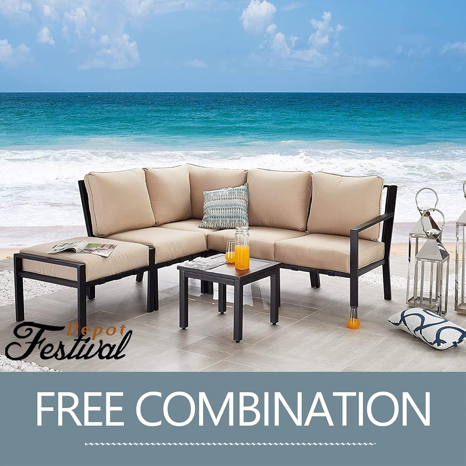 Festival Depot Patio Ottoman Outdoor Footstool with 4.3 Cushion Small Seat All Weather Metal Furniture for Deck Poolside Yard, Grey, PF20150