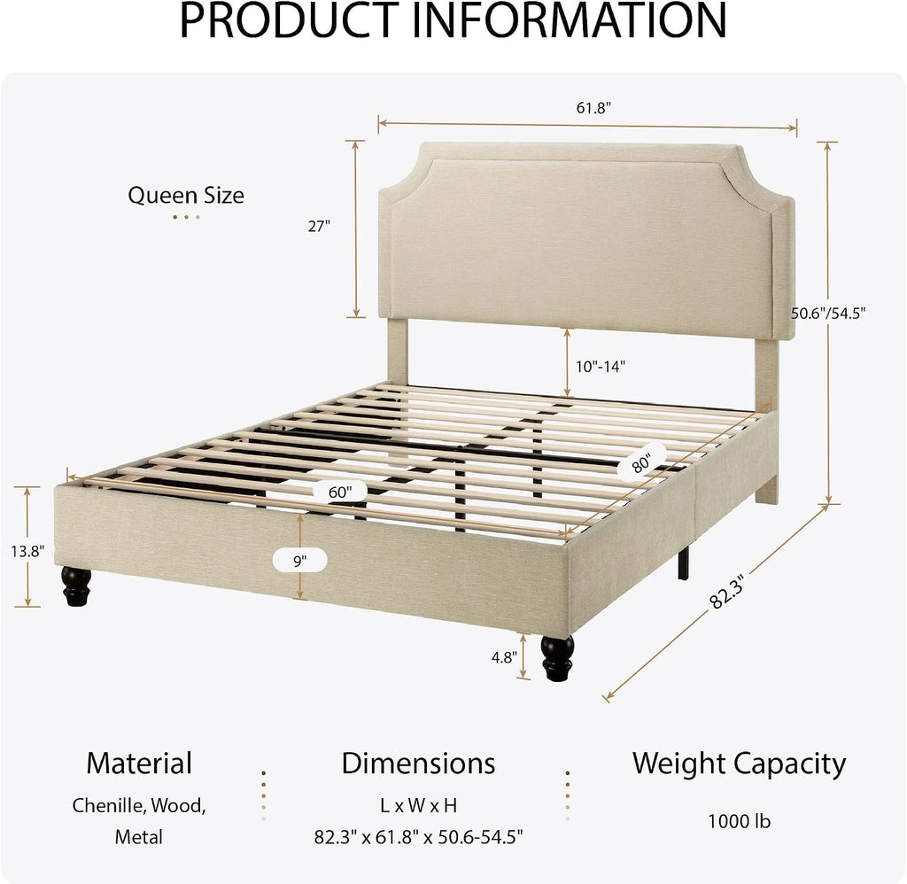 SHA CERLIN Queen Chenille Upholstered Platform Bed Frame, Beige