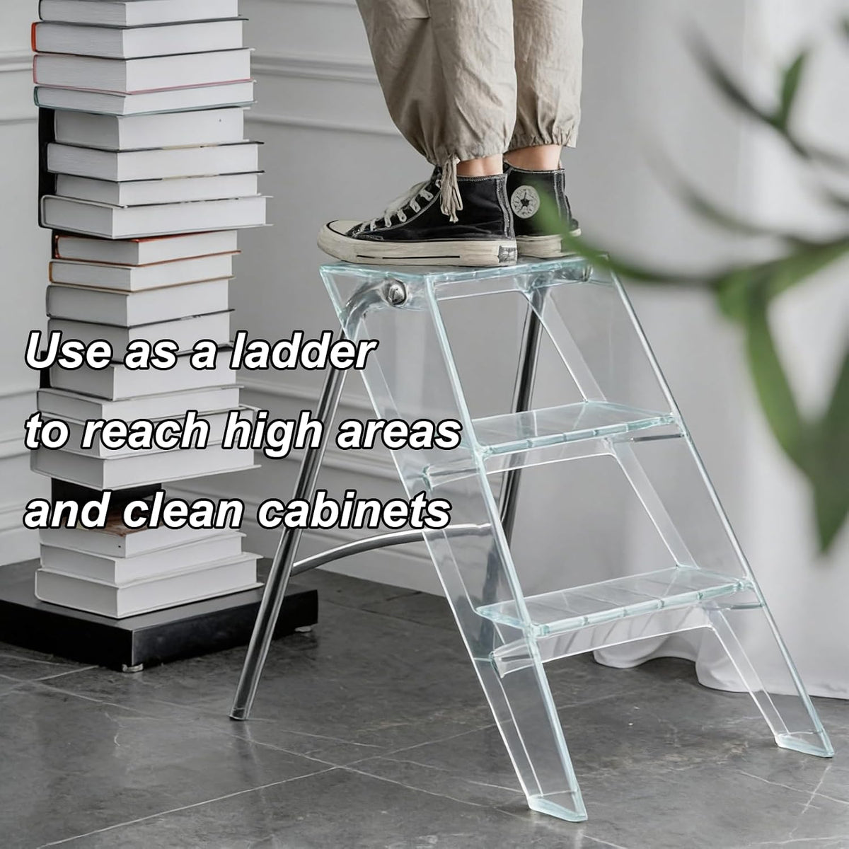 Transparent Acrylic 3-Step Folding Step Stool, 220 lbs Weight Capacity, Sleek Collapsible Step Ladder with Compact Design, Portable for Home, Kitchen, Bathroom and Closet