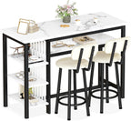 AWQM 3-Piece Bar Table and Chairs Set, Modern White Faux Marble Table with 2 PU Cushion Bar Stools, Kitchen Counter with 3 Tier Storage Shelves, Space Saving Table for Home & Kitchen, Black Frame