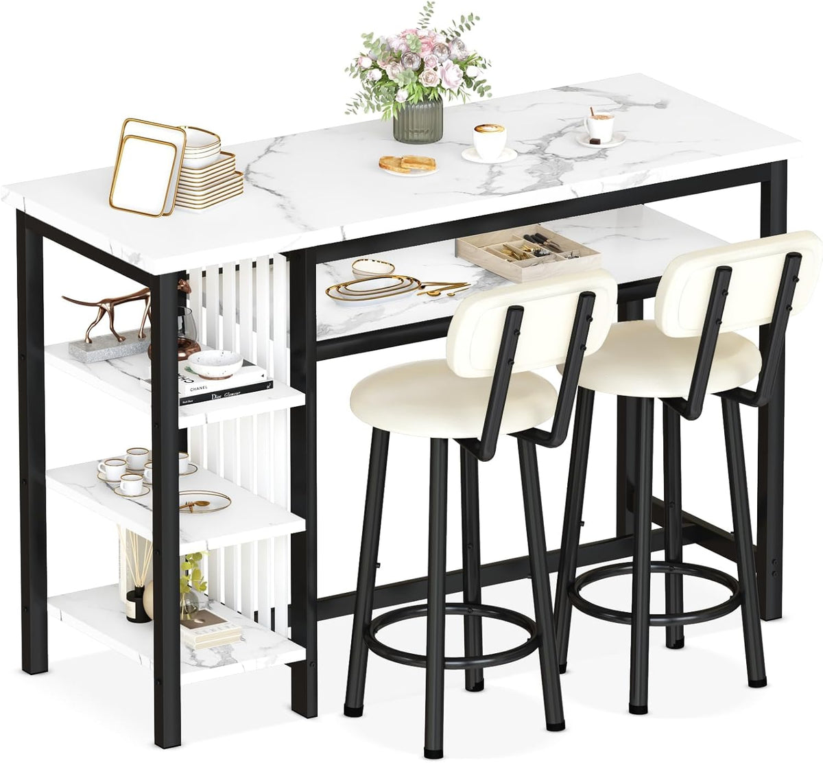 AWQM 3-Piece Bar Table and Chairs Set, Modern White Faux Marble Table with 2 PU Cushion Bar Stools, Kitchen Counter with 3 Tier Storage Shelves, Space Saving Table for Home & Kitchen, Black Frame