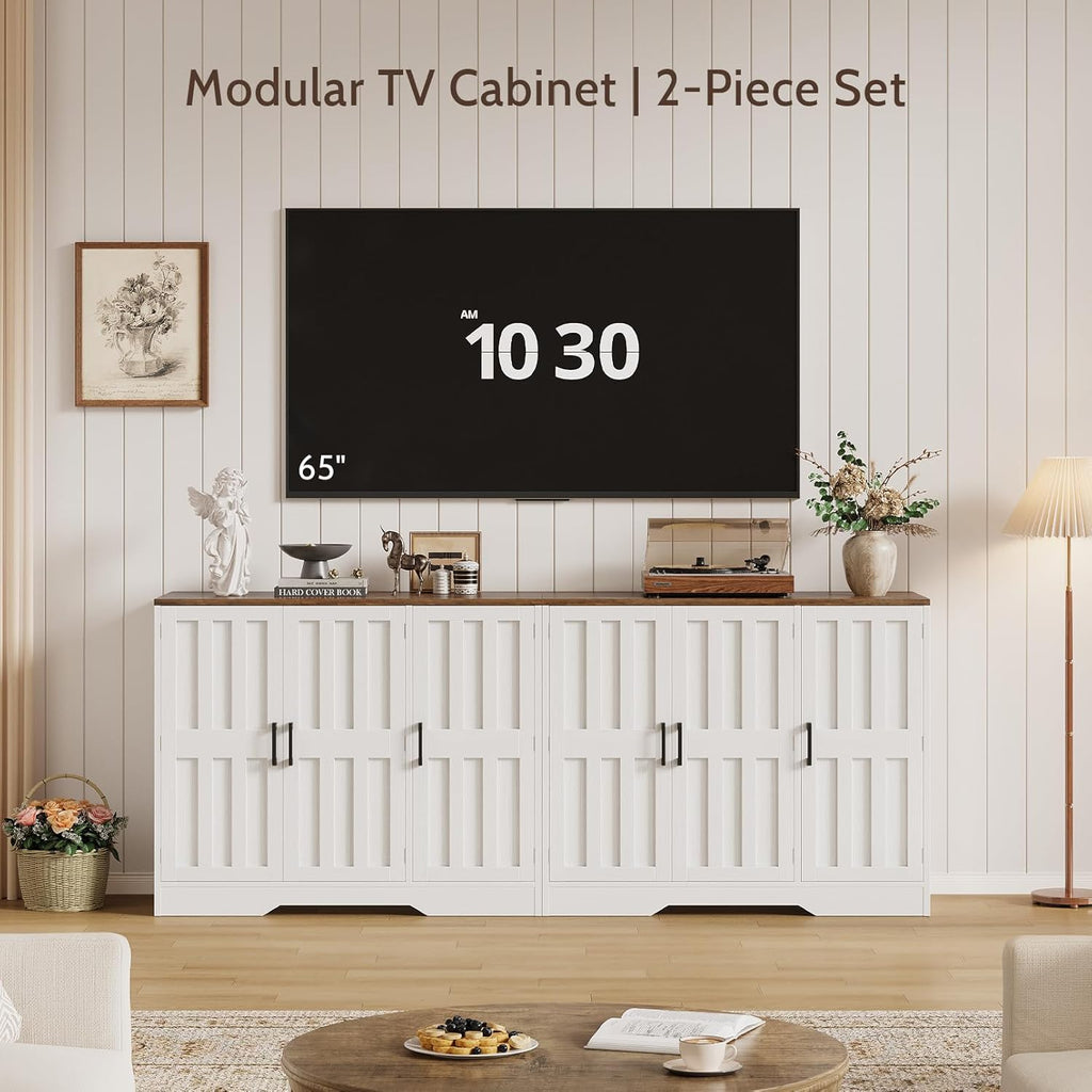 Modern Farmhouse Buffet Cabinet with Storage, 85" Large Sideboard Storage Cabinet with 6 Barn Doors, Coffee Liquor Bar Cabinet Wood Table Credenza with Adjustable Shelf for Kitchen Dining Living Room