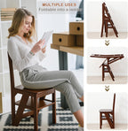 Solid Wood 3-in-1 Folding Ladder Chair, Convertible Step Stool & Display Rack, 4-Tier Multi-Functional Ladder, Dual Purpose for Home, Kitchen, Library, 265 lbs Capacity (Walnut Color, 13 x 18 x 35 in)