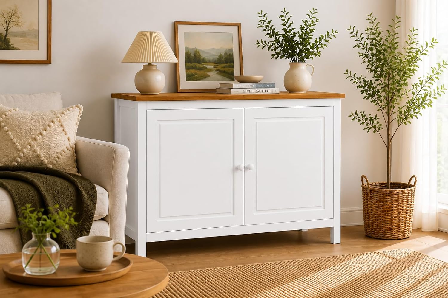 From the Tree Furniture 44" Wide White & Pine Top Solid Pine Shaker Sideboard Buffet Cabinet — 2 Doors Adjustable Shelf — No Drawer · Anti-Tip Included — Two-Tone Farmhouse Finish