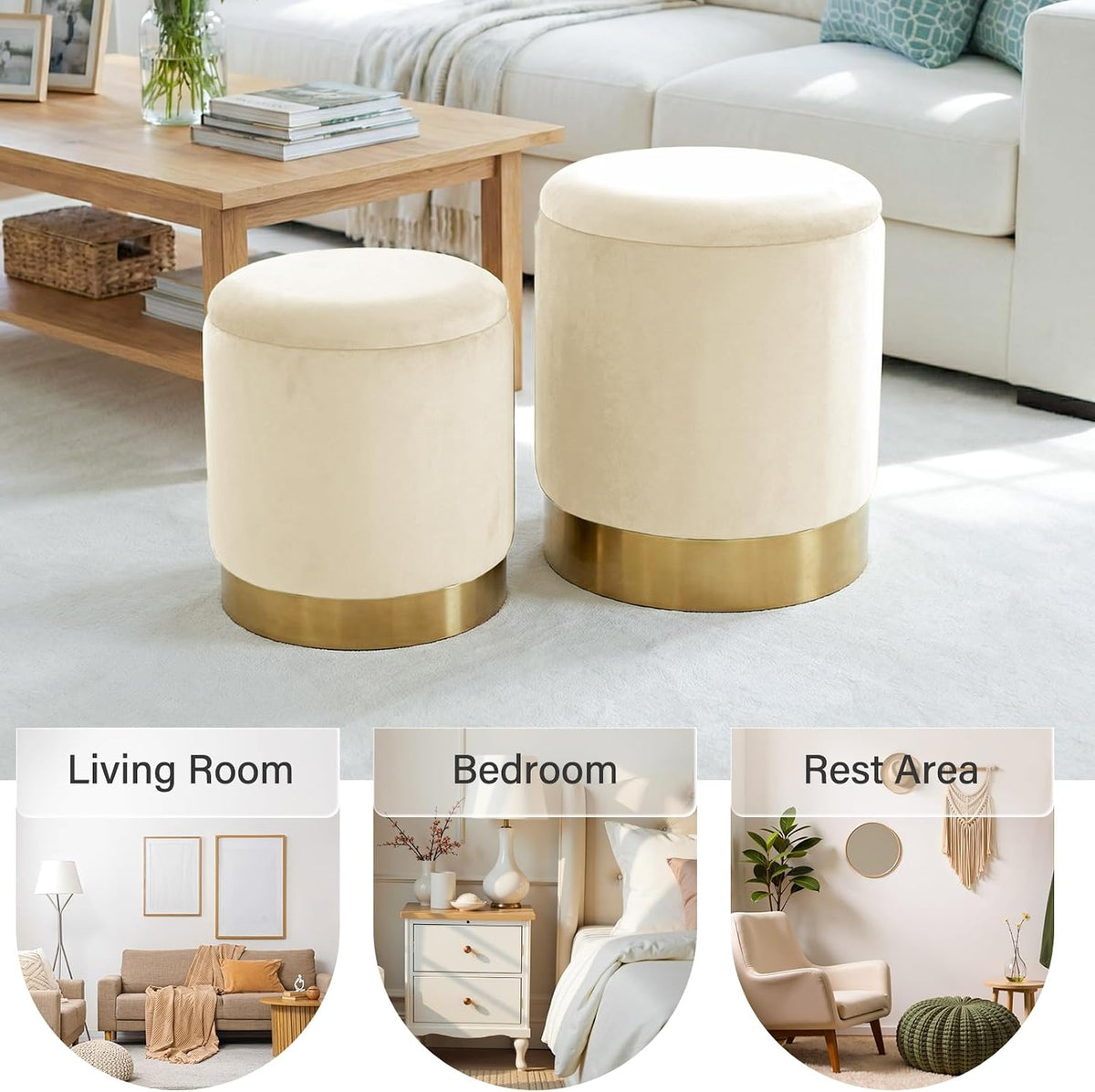 Round Ottoman with Storage Set of 2, Vanity Foot Stool with Storage, Nesting Upholstered Small Ottoman Foot Rest with Gold Plating Base for Room, Bedroom, Dorm, White Velvet Ottomans