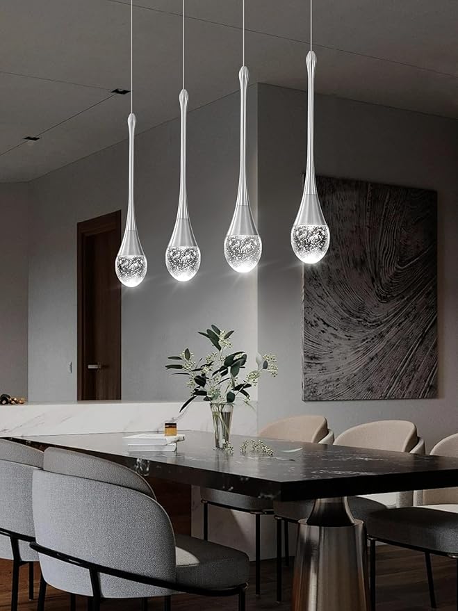 Dining Room Light Fixture 4-Light Silver Kitchen Island Lighting Industrial Linear Crystal Chandeliers for Dining Room Pendant Light Fixture for Living Room Hallway Bedroom