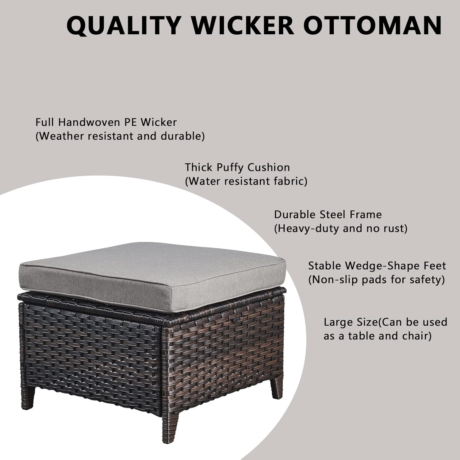 Outdoor Ottomans Patio Foot Rest - 2 Piece Wicker Rattan Ottoman Footrests Footstools with Comfortable Cushions for Patio Porch Deck Balcony Garden(Brown Wicker/Grey Cushion)