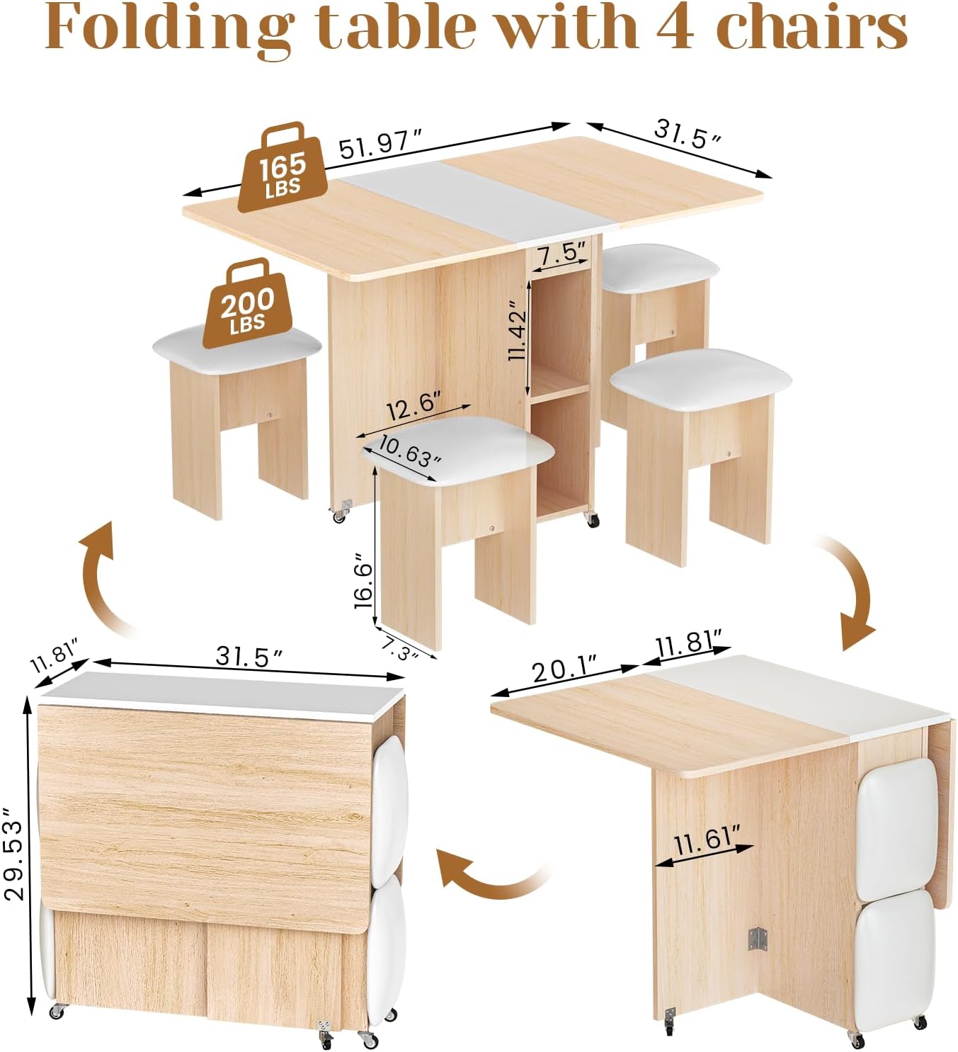 AWQM Folding Dining Table Set, Storage Folding Table & Chair, Beige White | Dining Table Set for 4, Storage Folding Table & with 4 Leather Chair, Space Saving,For Kitchen & Apartment, MDF & Metal Frame