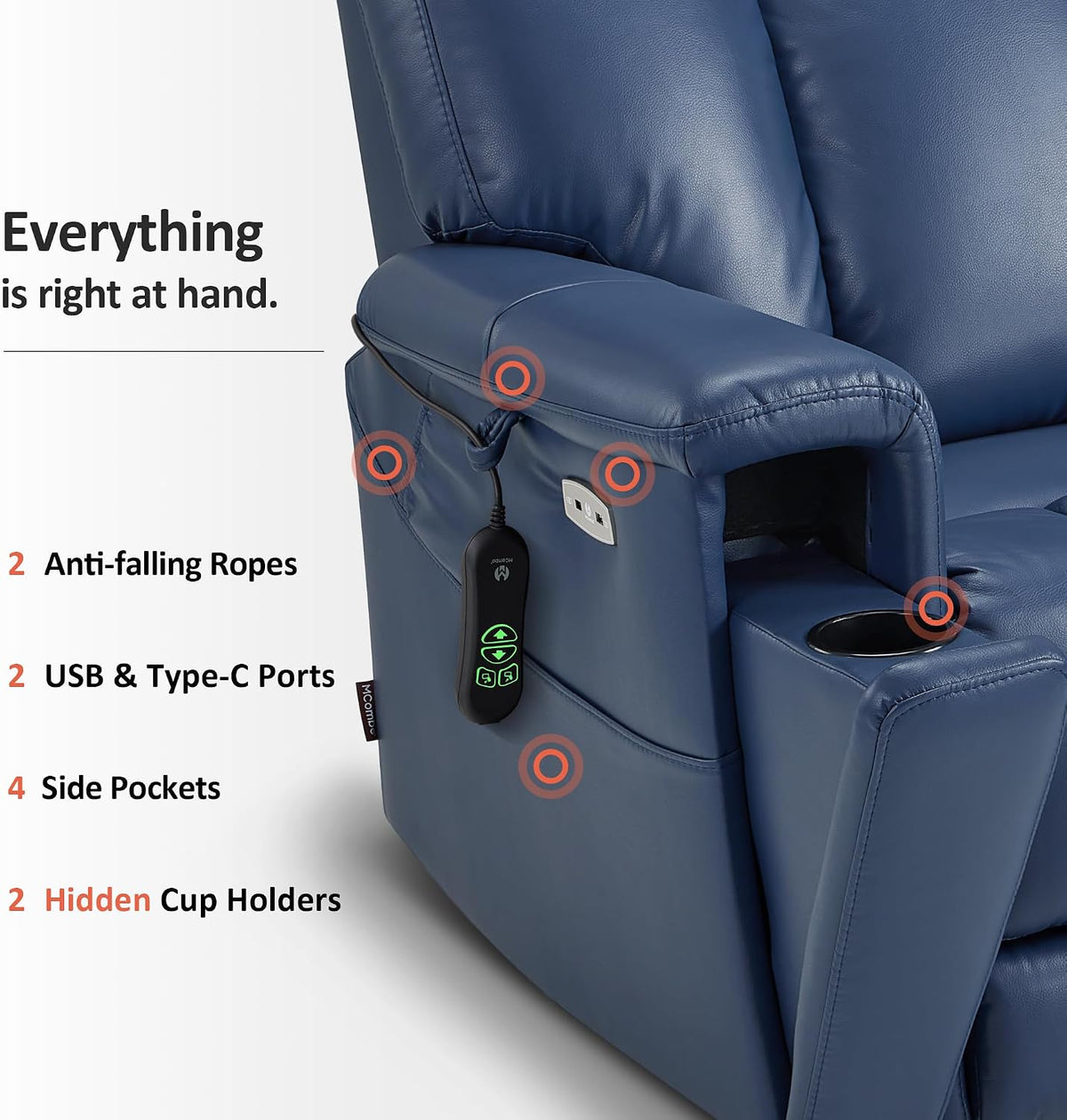 MCombo 500lbs Heavy Duty Lift Chair for Elderly, Extra Wide Dual Motor Power Lift Recliner with Hidden Cup Holders, USB Charging, Breathable Faux Leather R7777 (Blue)
