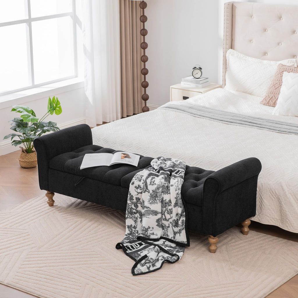 65.75" Modern Upholstered Ottoman with Storage, End of Bed Storage Bench with Rolled Armrest and Wood Legs, Comfy Napped Fabric Ottoman Bench for Living Room, Entryway, Dormitory, Bedroom (Black+A)
