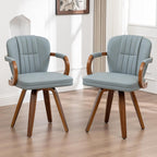 Swivel Dining Chairs with Arms | Mid Century Modern Blue Faux Leather Kitchen Chairs,Bentwood Side Chairs,Ergonomic Wood Accent Chair No Wheels 1PCS