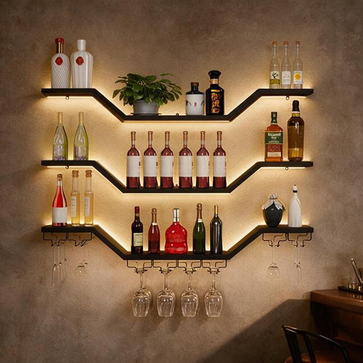 39.4in 3-Tier Floating Metal Wine Rack, Modern Wall Mounted Wine Shelf with LED Lights & Wine Glass Rack, Large Hanging Liquor Shelf Wall Mounted for Bar Home Dining Room Cafe Decorative, Black