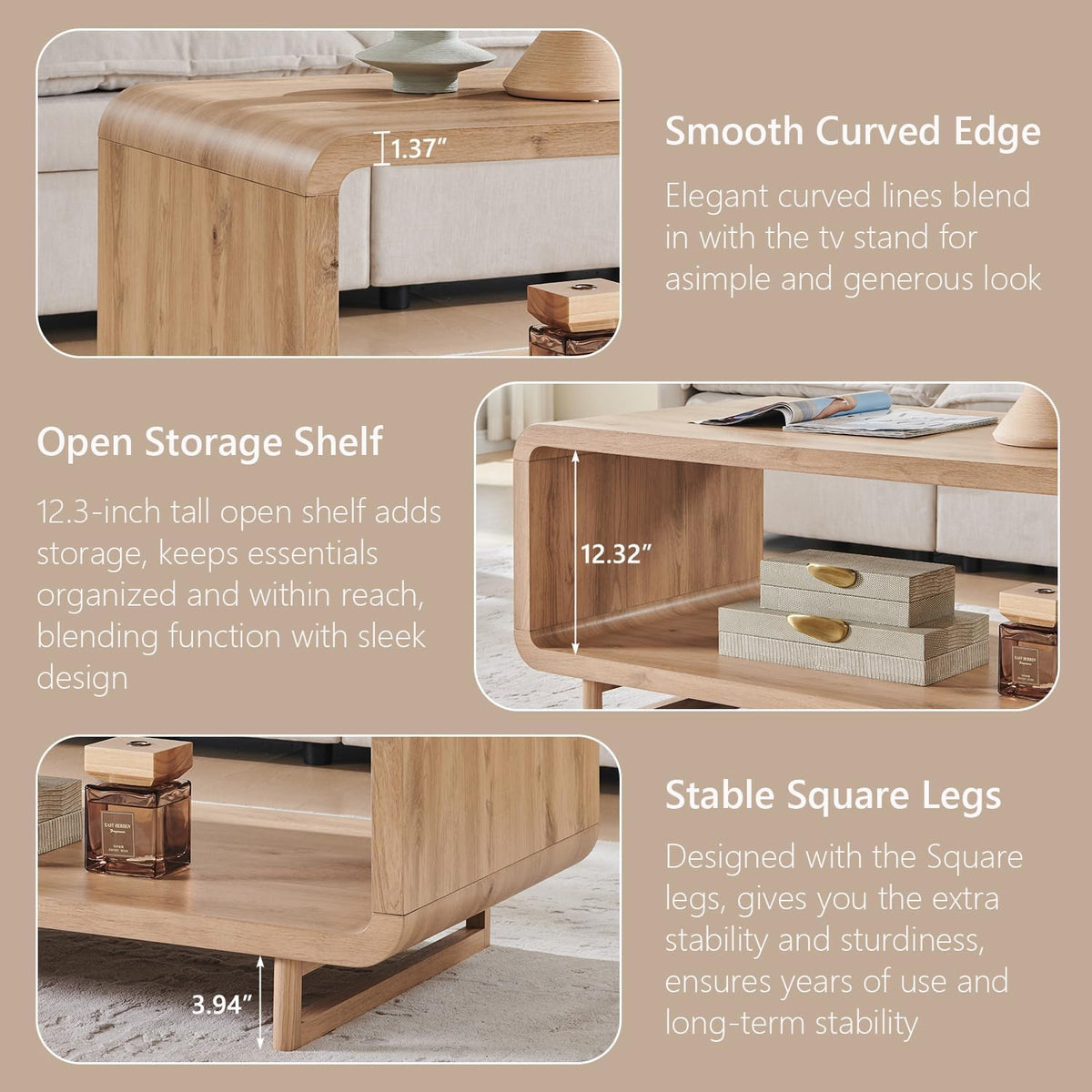IFGET 48" Modern Coffee Table, 2-Tier Minimalist Center Table with Storage Shelf, Curved Profile Design, Wooden Rectangular Living Room Table w/Wood Thick Design for Living Room, Office, Natural Oak