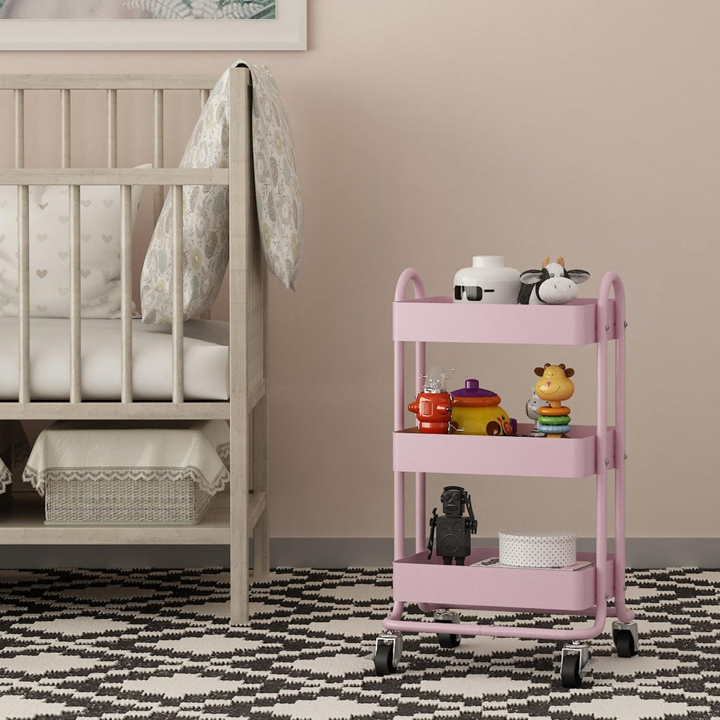 Metal Rolling Cart,3-Tier Pink Rolling Cart with Wheels,Metal Utility Cart with Wheels for Office,Home,Kitchen,Garden（13.4"x18.1"x31"） Pink