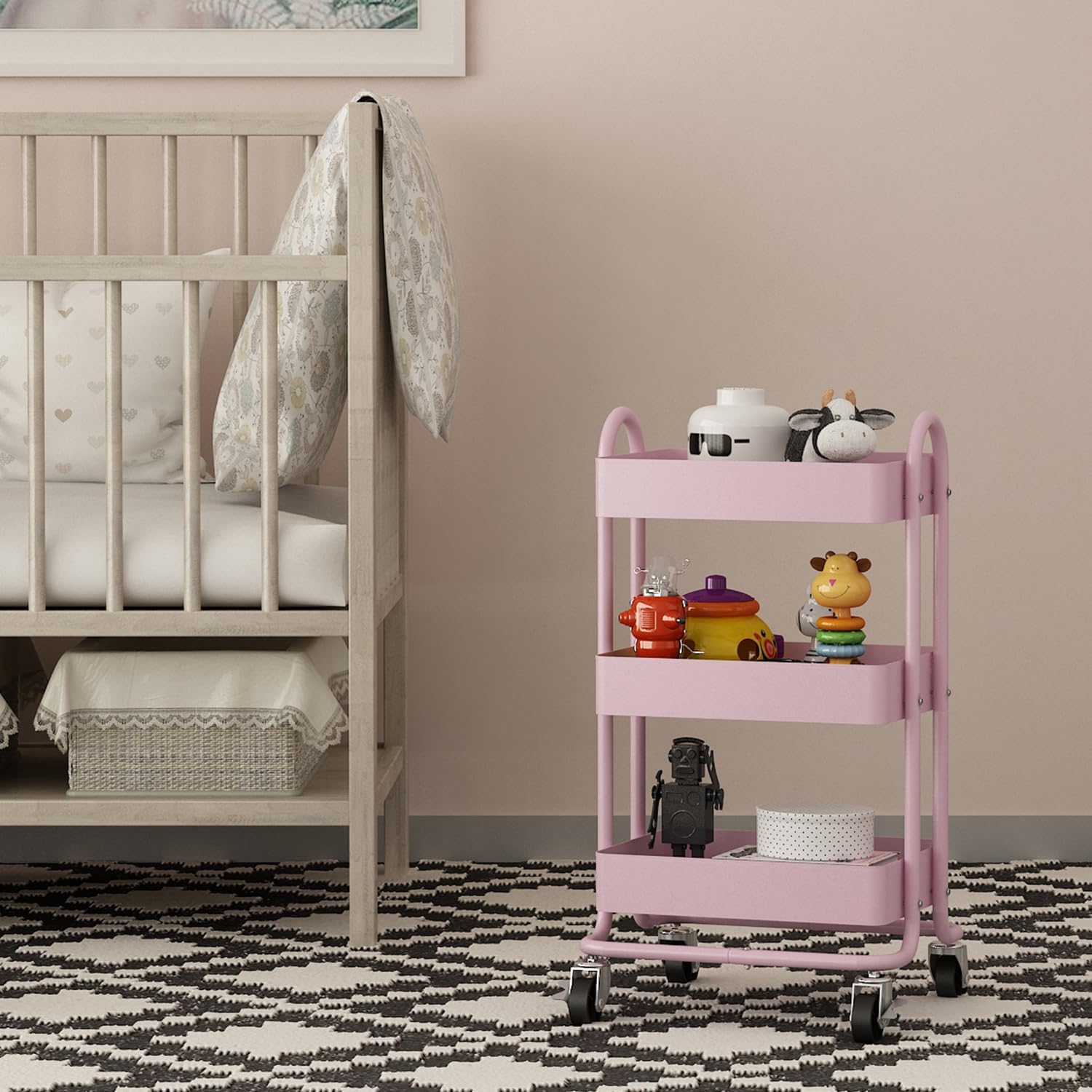 Metal Rolling Cart,3-Tier Pink Rolling Cart with Wheels,Metal Utility Cart with Wheels for Office,Home,Kitchen,Garden（13.4"x18.1"x31"） Pink