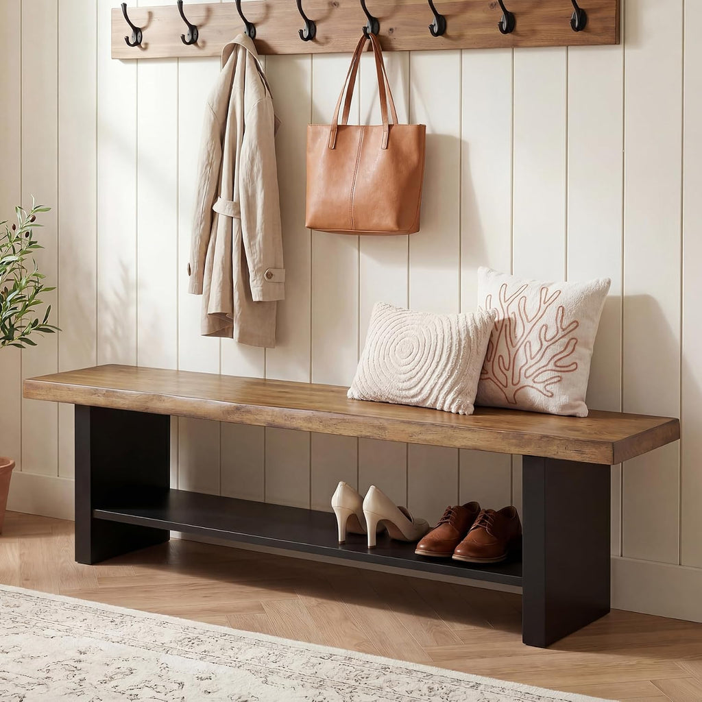 55" Solid Wood Bench with Shoe Storage, 2-Tier Farmhouse Entryway Bench, Narrow Rustic Brown Bench for Bedroom, Hallway