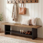 55" Solid Wood Bench with Shoe Storage, 2-Tier Farmhouse Entryway Bench, Narrow Rustic Brown Bench for Bedroom, Hallway