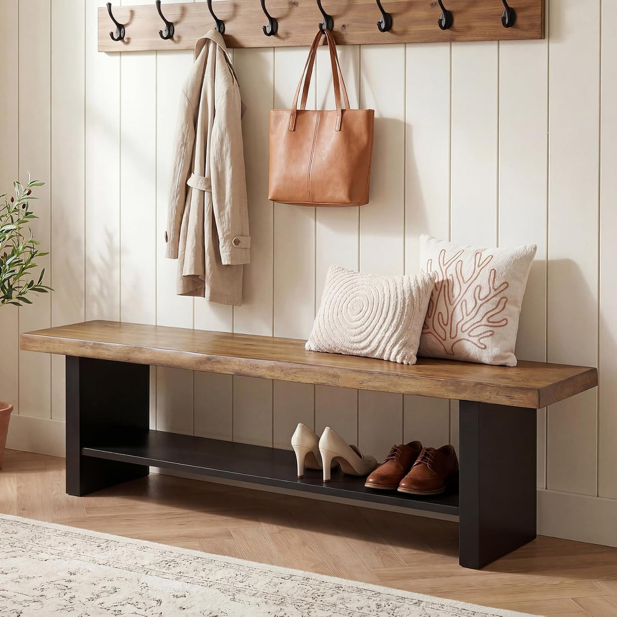 55" Solid Wood Bench with Shoe Storage, 2-Tier Farmhouse Entryway Bench, Narrow Rustic Brown Bench for Bedroom, Hallway