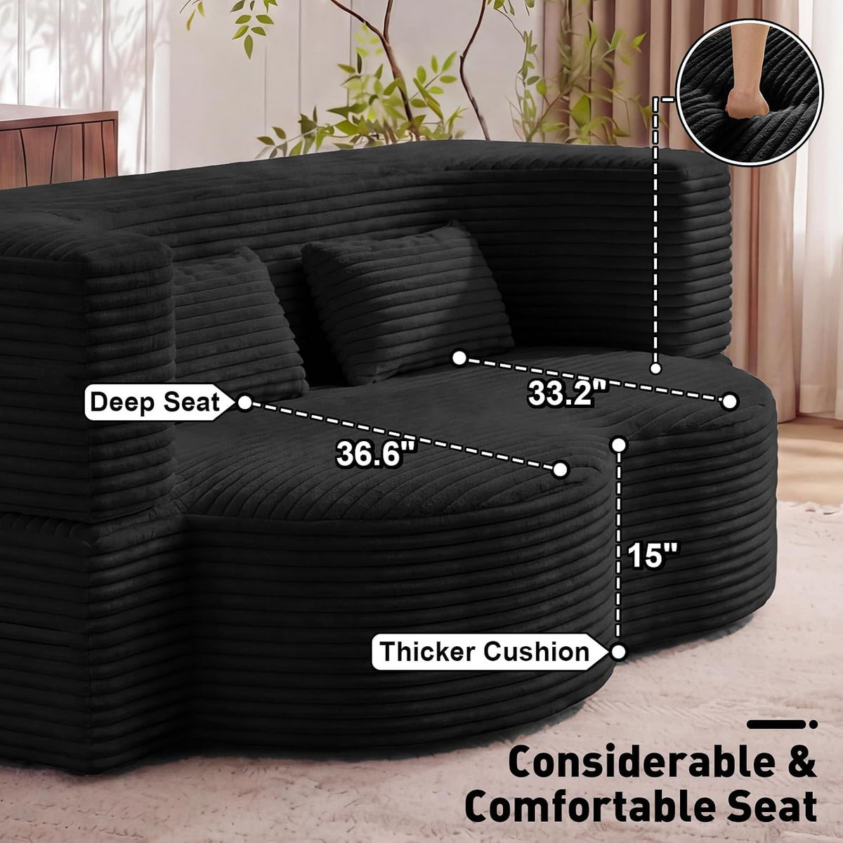78" Full Size Convertible Futon Sofa Bed, Corduroy Folding Sleeper Sofa Bed with 2 Pillow, Foam Mattress Couch Bed, No Assembly Loveseat Couches for Living Room Apartment, Space‑Saving, Black