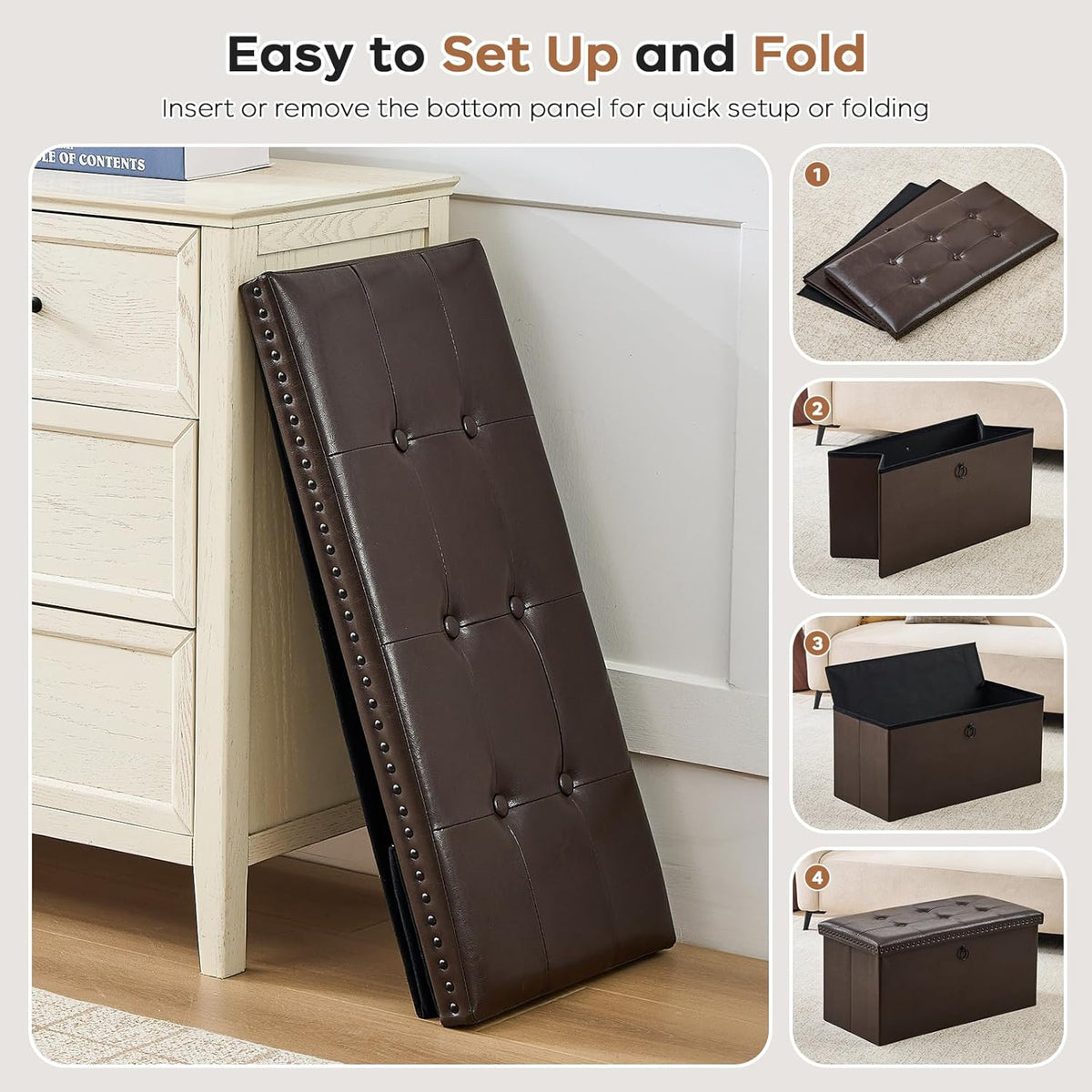 oakvivo 30 Inches Folding Storage Ottoman Bench, Ottoman PU Leather Tuffed End of Bed Bench, Foot Rest with Rivet Design, Ottoman with Storage for Living Room, Bedroom, Entryway, Coffee Brown