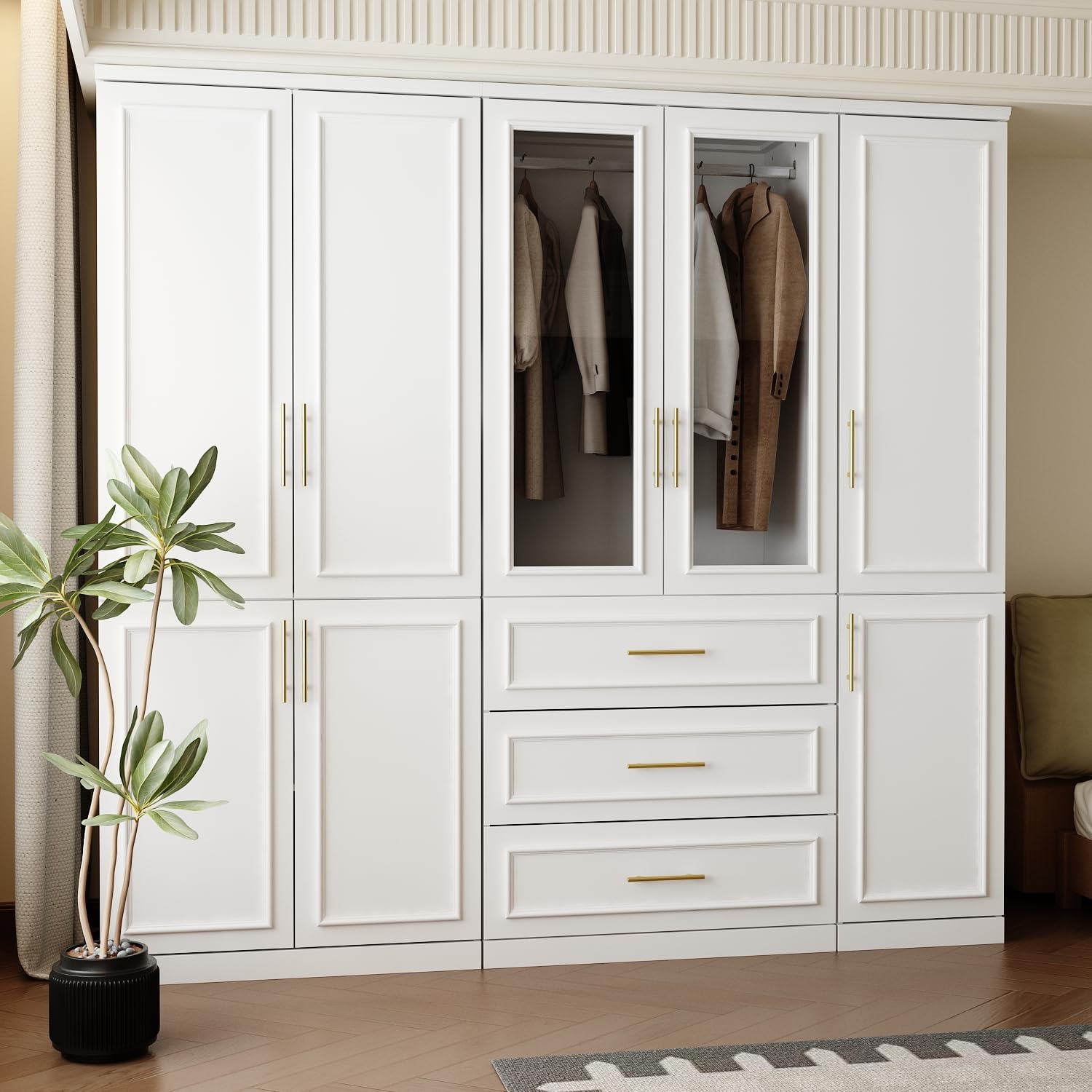 FUFU&GAGA Wardrobe Closet Collection with Doors, Modern White Bedroom Armoire System with Gold Handles, Modern Clothes Storage Cabinet with Drawers, Shelves, Hanging Rods, 79.1”W x 19.3”D x 74.8”H