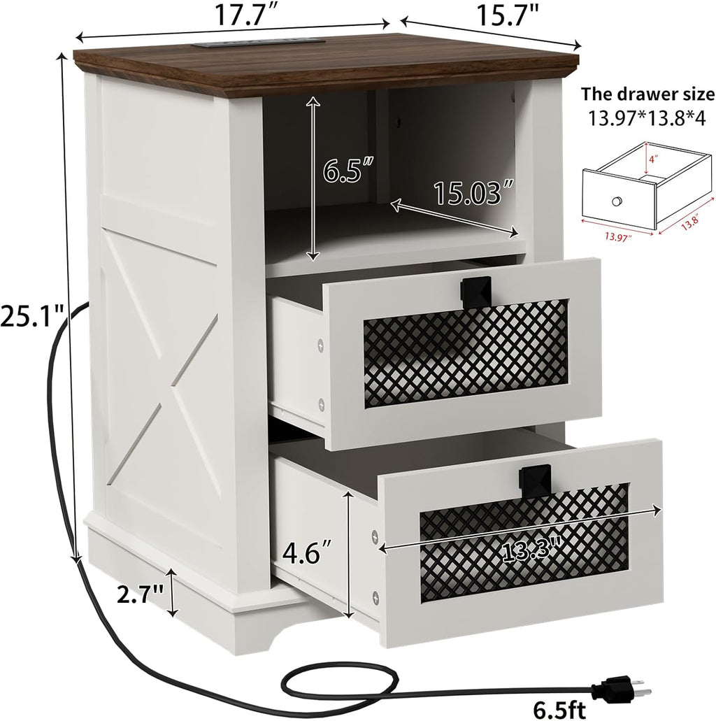 Farmhouse End Table with Charging Station, Nightstand with 2 Drawers & Open Storage,Sofa Side Table with Mesh Drawers, Design Bedside Table for Living Room, Bedroom, White