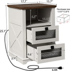 Farmhouse End Table with Charging Station, Nightstand with 2 Drawers & Open Storage,Sofa Side Table with Mesh Drawers, Design Bedside Table for Living Room, Bedroom, White