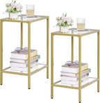 HOMSHO Side Tables Set of 2, End Tables with Tempered Glass, 2-Tier Nightstands with Storage Shelves, Coffee Table with Modern Style, Slim Sofa Table for Living Room, Bedroom, 11.8" D x 15" W, Gold