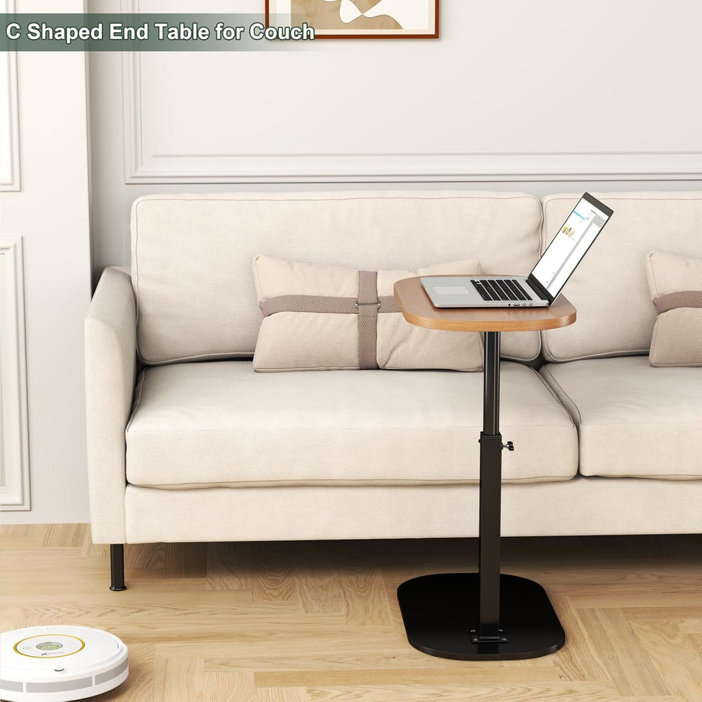 C Shaped Side Table, Adjustable Height C Shaped End Table, 360°Swivel Couch Side Tables that Slide Under, Modern Small Coffee C Table End Table for Sofa/Bed/Bathtub, Rotating Tabletop (Light Wood)