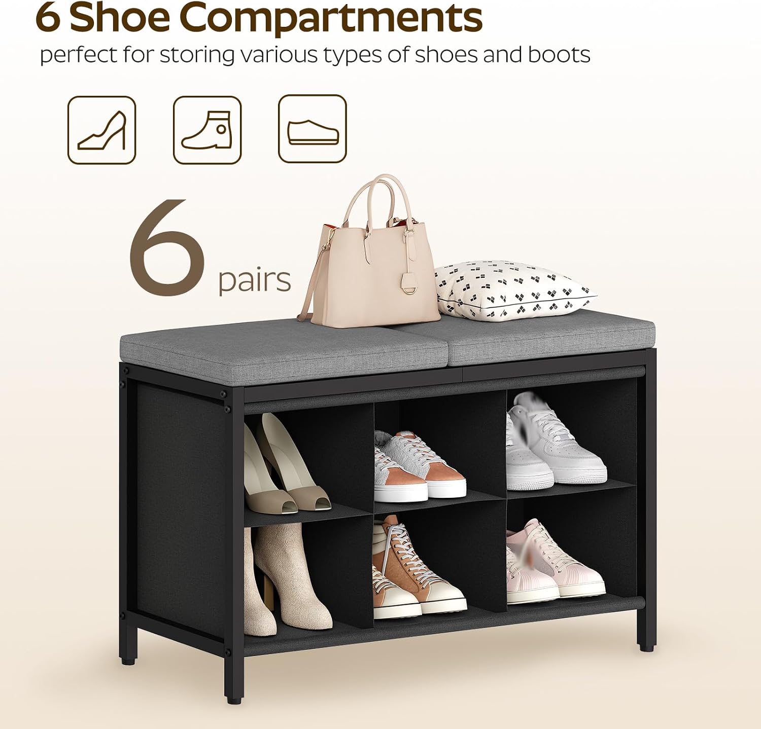 YATINEY Shoe Storage Bench with Cushion, Entryway Bench, Shoe Rack with Padded Seat and 6 Oxford Compartments, for Closet, Bedroom, Entryway, Black and Gray HX01BK