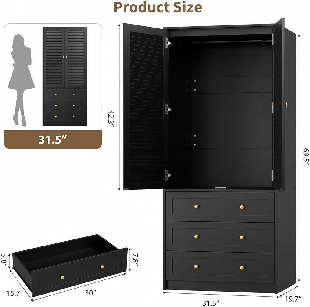 GarveeHome 70" Wardrobe Armoire Wooden Closet with 3 Drawers, Black