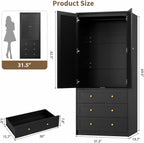 GarveeHome 70" Wardrobe Armoire Wooden Closet with 3 Drawers, Black