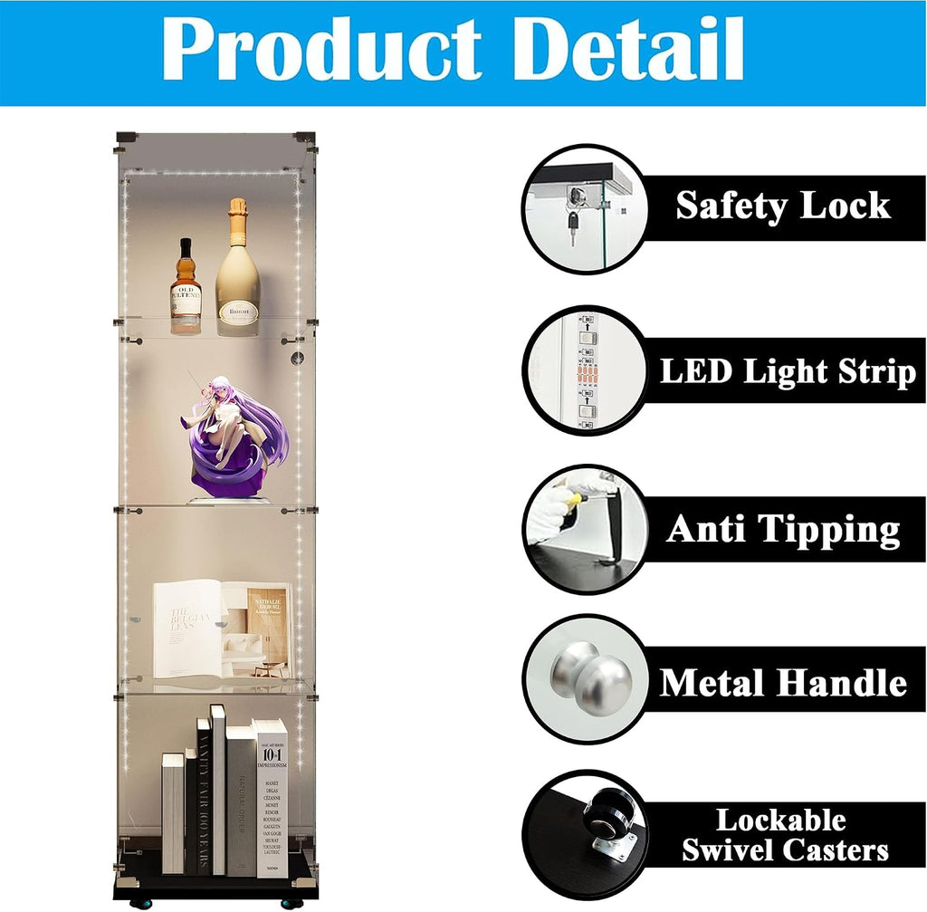 4-Shelf Glass Display Cabinet with LED Lights Strip and Lock, Curio Cabinets Display Case with Casters and 1 Door, Tempered Glass Display Showcase for Living Room,Exhibition Hall - Black