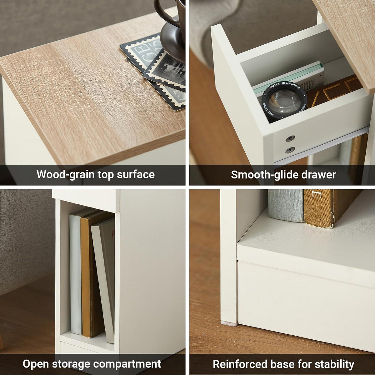SoBuy Narrow Nightstand Set of 2 | Slim Bedside Tables with Drawers Suitable for Small Space, Small Side Tables Bedroom (White & Natural)