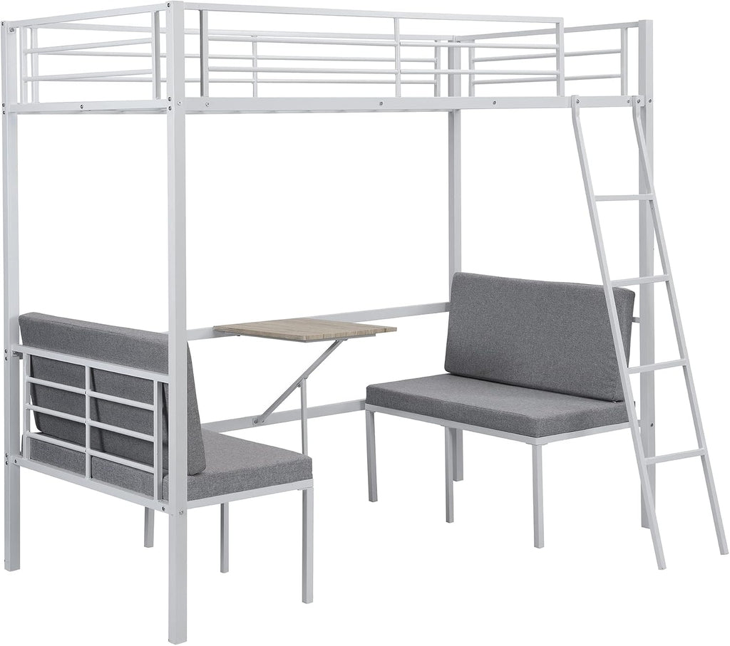 Twin Size Metal Loft Bed with Built-in Wooden Table and Upholstery Chairs Set for Kids Teens, Full Length Guardrails Inclined Ladder, Bedroom, Dorm, Space Saving (White-with Built-in Table)