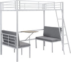 Twin Size Metal Loft Bed with Built-in Wooden Table and Upholstery Chairs Set for Kids Teens, Full Length Guardrails Inclined Ladder, Bedroom, Dorm, Space Saving (White-with Built-in Table)