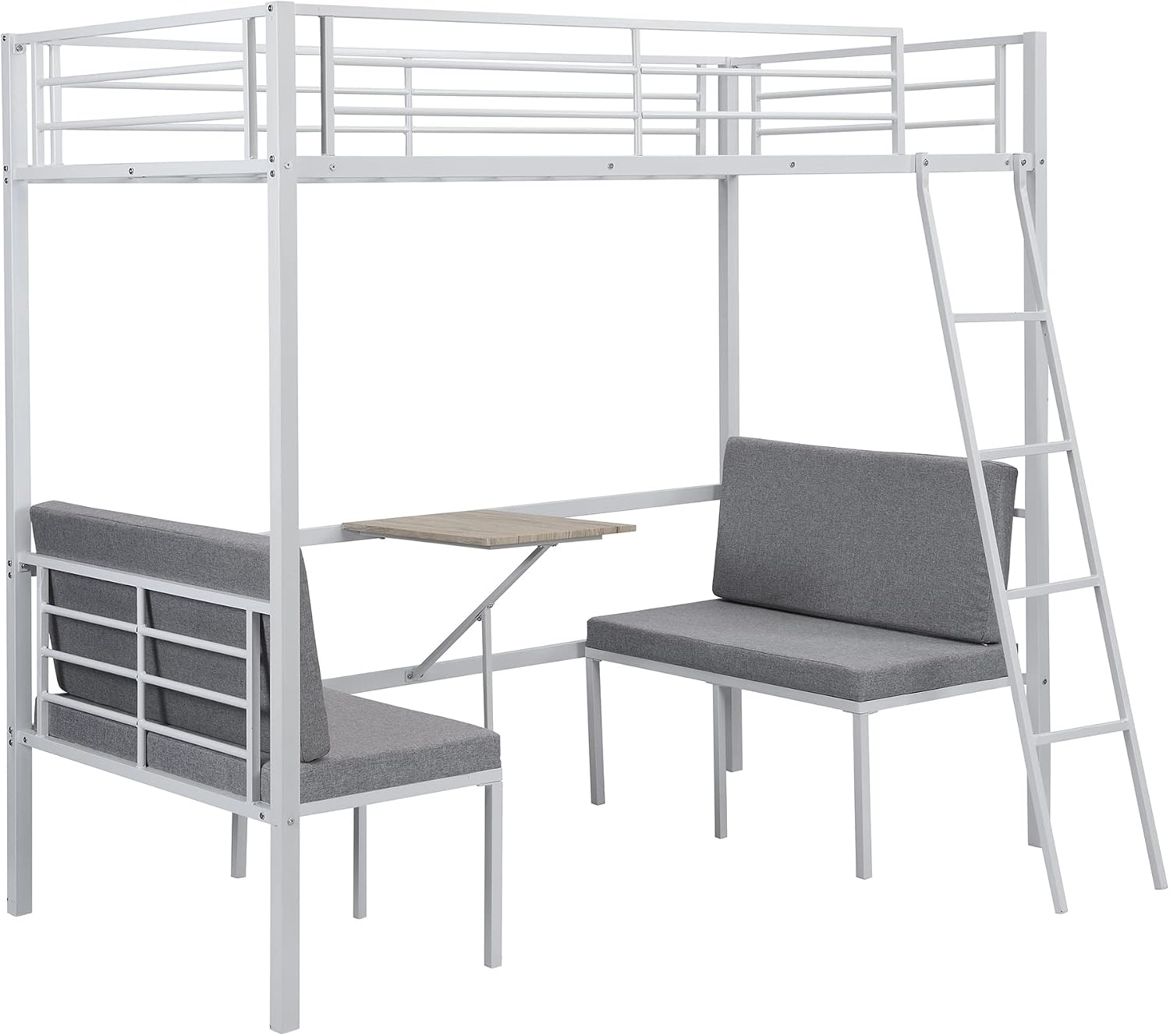 Twin Size Metal Loft Bed with Built-in Wooden Table and Upholstery Chairs Set for Kids Teens, Full Length Guardrails Inclined Ladder, Bedroom, Dorm, Space Saving (White-with Built-in Table)