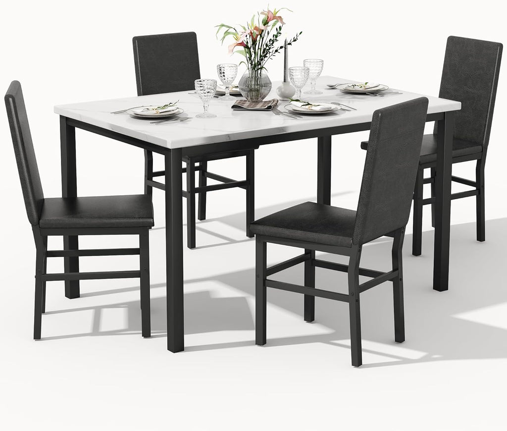 Dining Table Set for 4, 5-Piece Faux Marble Dining Set,4 Upholstered PU Chairs, Modern Kitchen Table Furniture for Dining Room,Compact Space-Saving Faux Marble Tabletop (White + Black)